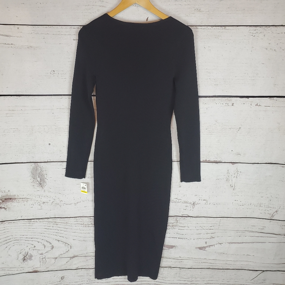 Black Sweater Dress Slit Fitted Long Sleeve Crew - Picture 7 of 8